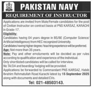 Pakistan Navy Civilian Instructor Jobs 2025 advertisement for BS/BE graduates in Computer Science and Artificial Intelligence at PNS Karsaz Karachi.