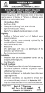 Official Pakistan Navy jobs 2025 advertisement for hiring sports coaches on contract basis in Islamabad. Positions include athletics coach, golf coach, strength & conditioning coach, gym instructor, and sports nutritionist.